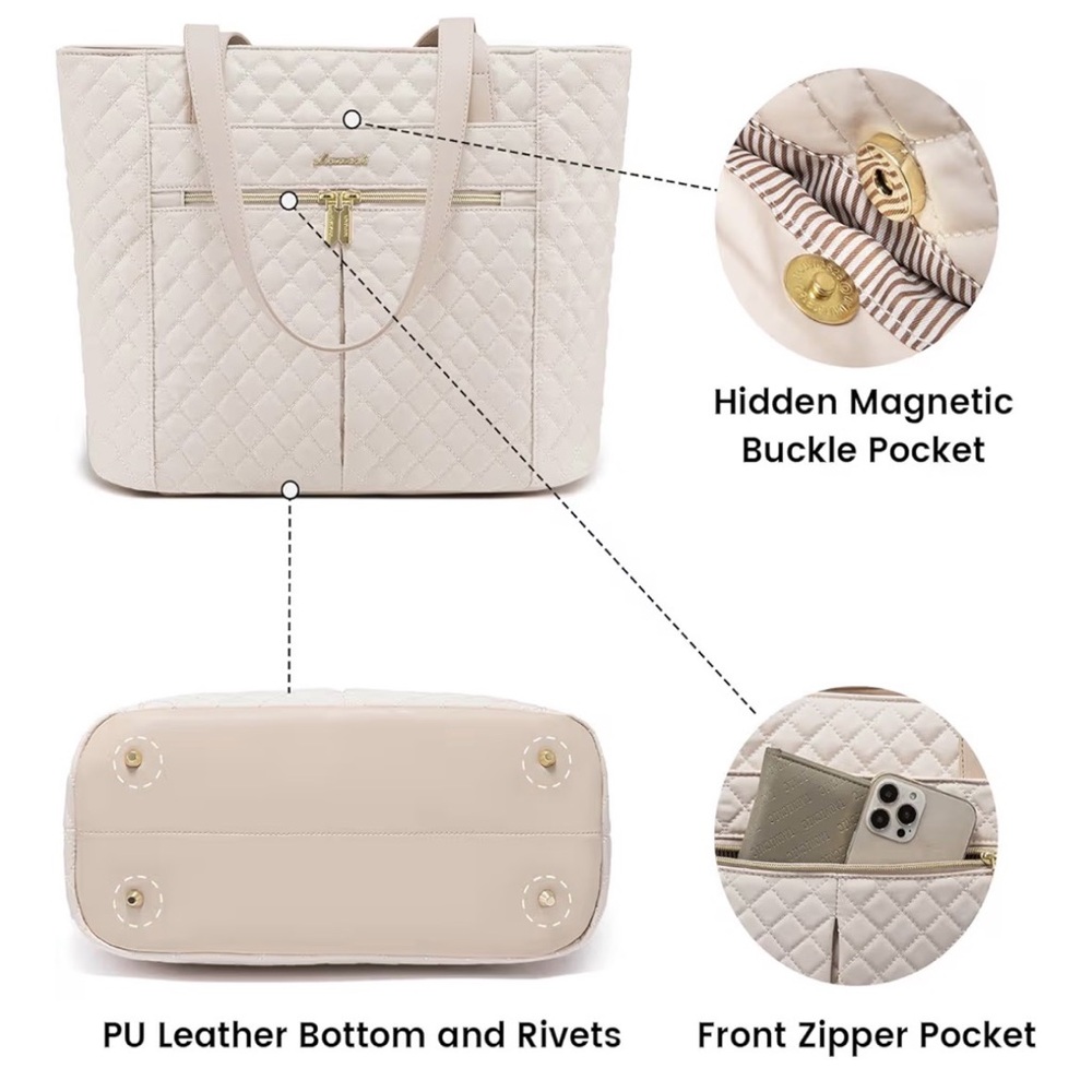 Lovevook large Travel/work diamond quilted tote Bag in Cream - Picture 14 of 16